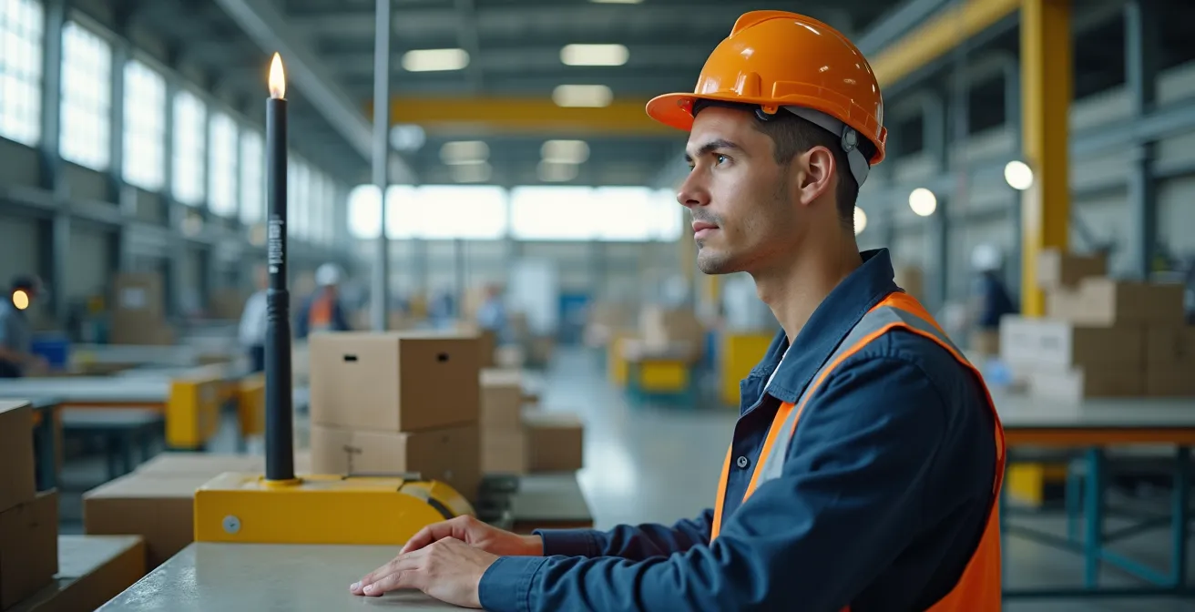 Poste de travail industriel épuré avec système d'approvisionnement en flux tiré et espace de travail dégagé