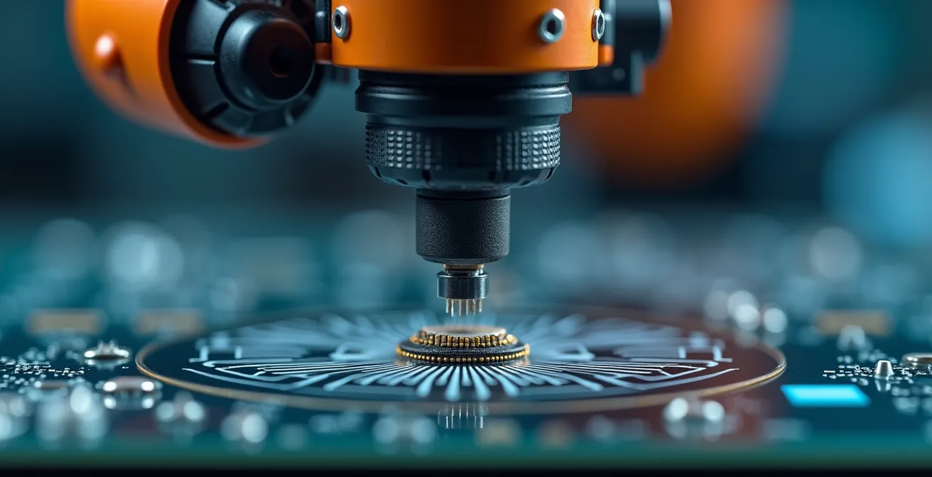 Gros plan macro sur l'effecteur d'un robot delta déposant avec précision un composant électronique miniature