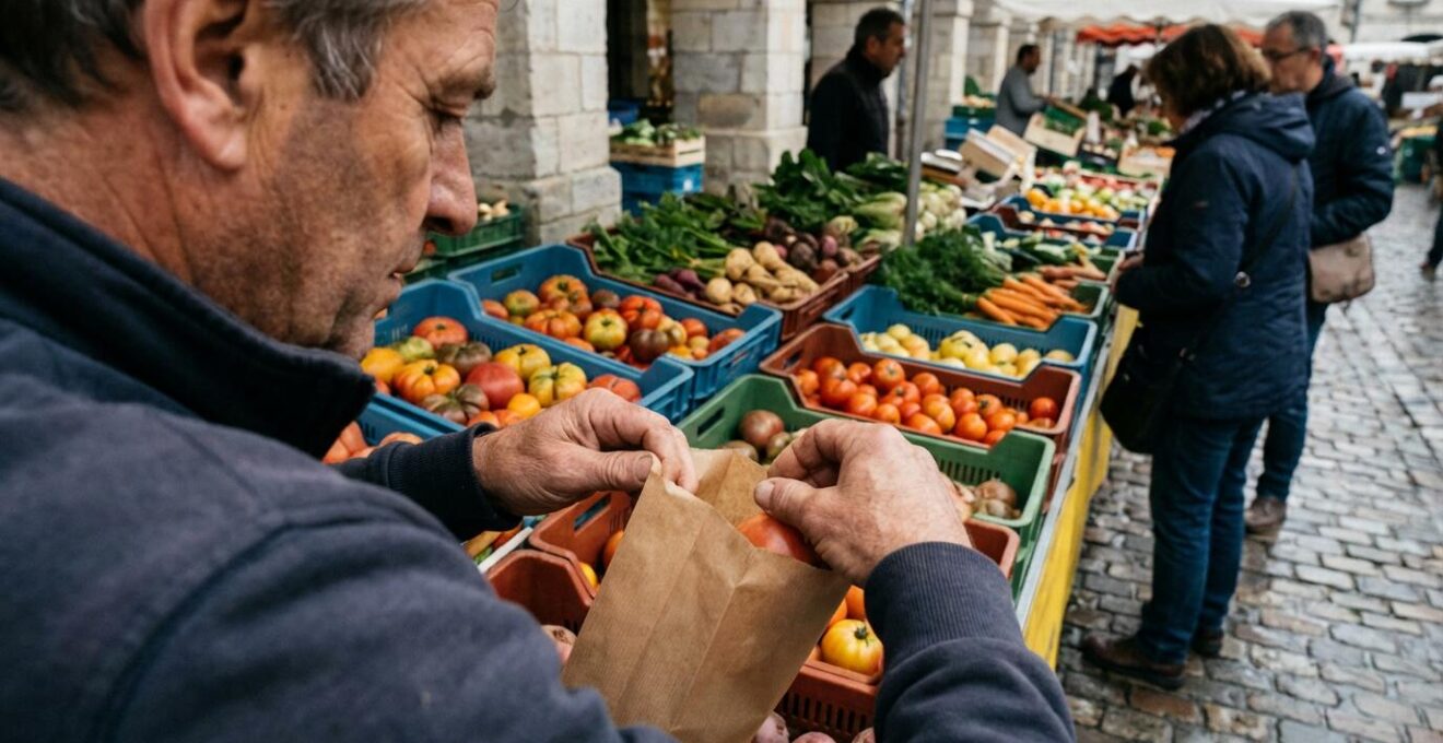 Primeur disposant des fruits dans un sac papier à soufflet (emballage marché) sur étal extérieur
