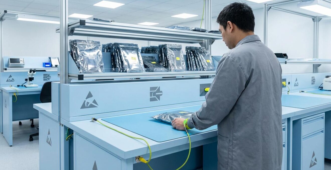 Vue d'ensemble d'un poste de travail EPA avec opérateur déballant correctement un composant électronique d'un sachet blindé