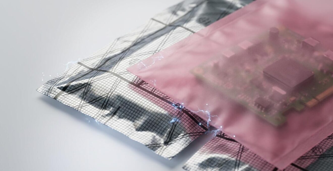 Vue rapprochée de sachets de protection ESD métallisés et roses avec composants électroniques sensibles à l'intérieur, dans un environnement de production industriel
