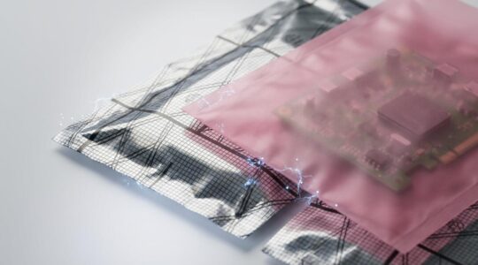 Vue rapprochée de sachets de protection ESD métallisés et roses avec composants électroniques sensibles à l'intérieur, dans un environnement de production industriel