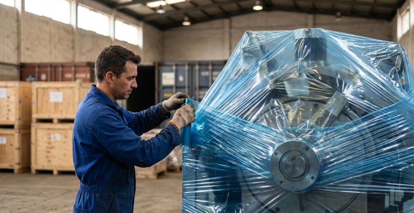 Machine industrielle emballée dans un film protecteur VCI pour transport maritime