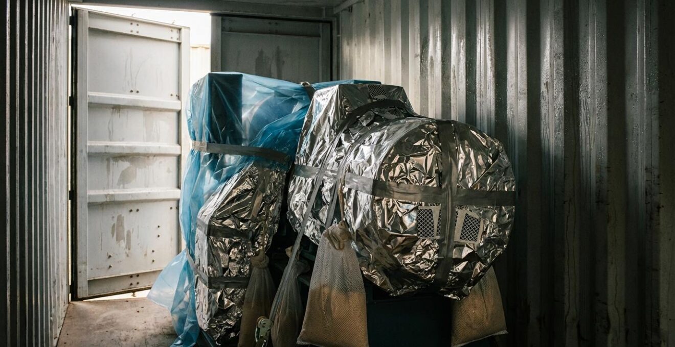 Vue d'une machine-outil industrielle emballée et protégée dans un conteneur maritime, avec des éléments de protection visibles contre la corrosion