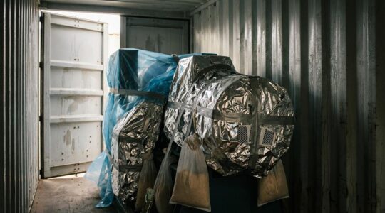 Vue d'une machine-outil industrielle emballée et protégée dans un conteneur maritime, avec des éléments de protection visibles contre la corrosion