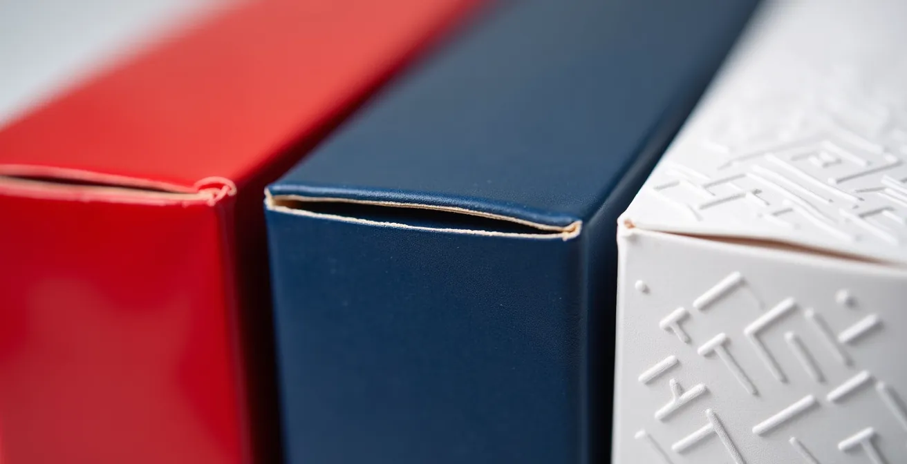 Comparaison visuelle de packagings colorés sur étagère de magasin