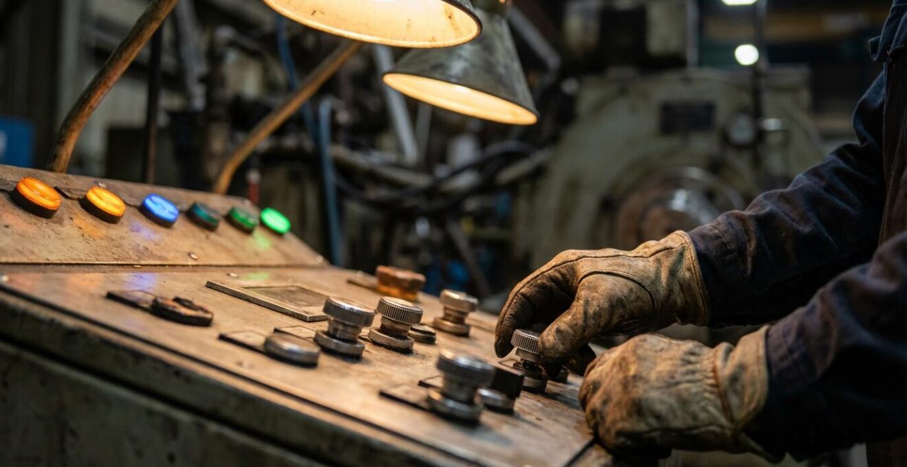 Gros plan sur des mains ajustant des boutons de contrôle industriels avec indicateurs lumineux colorés