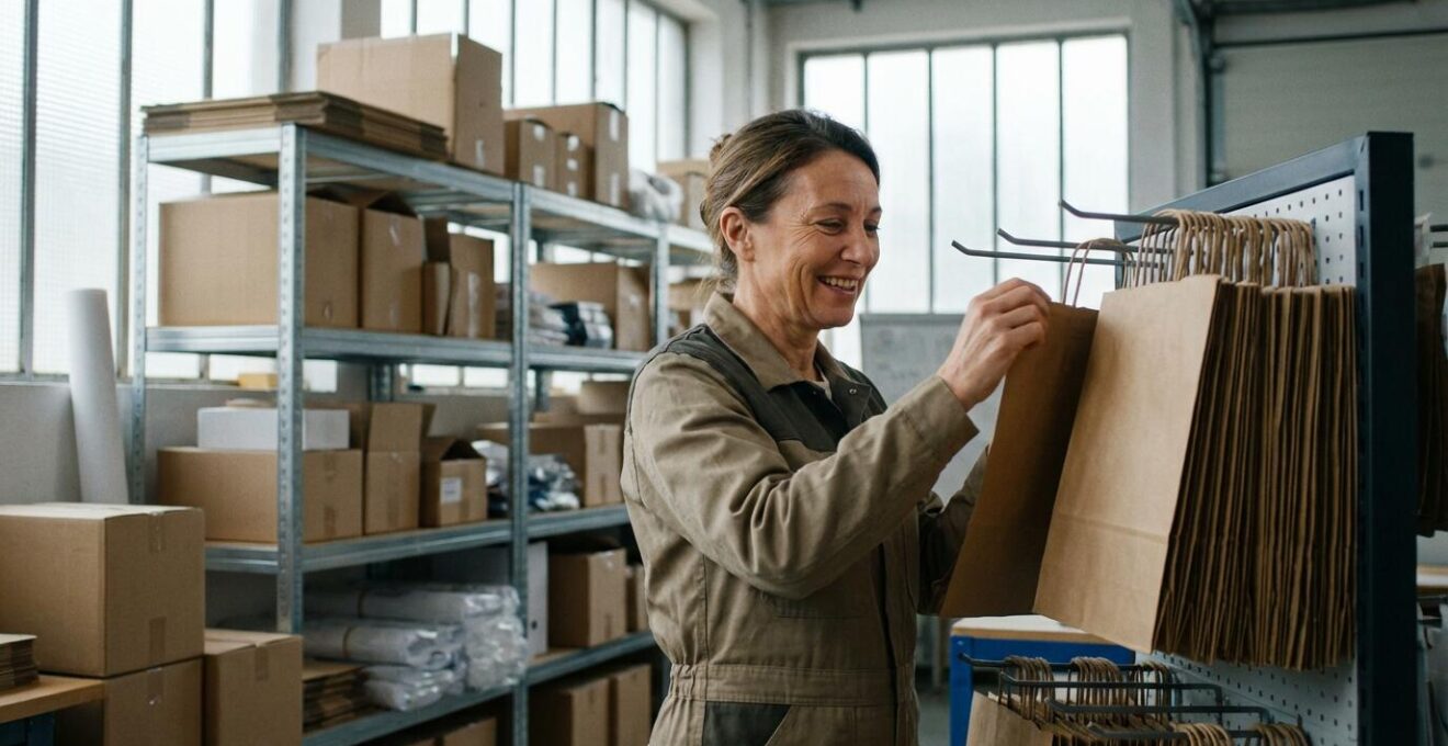 Responsable achats examinant des sacs papier kraft dans un entrepôt de fournitures