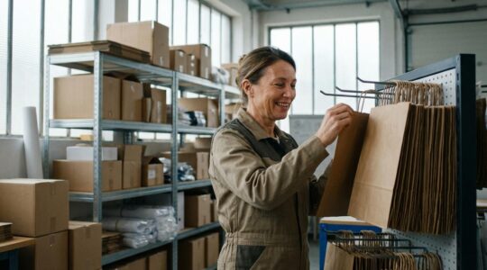 Responsable achats examinant des sacs papier kraft dans un entrepôt de fournitures