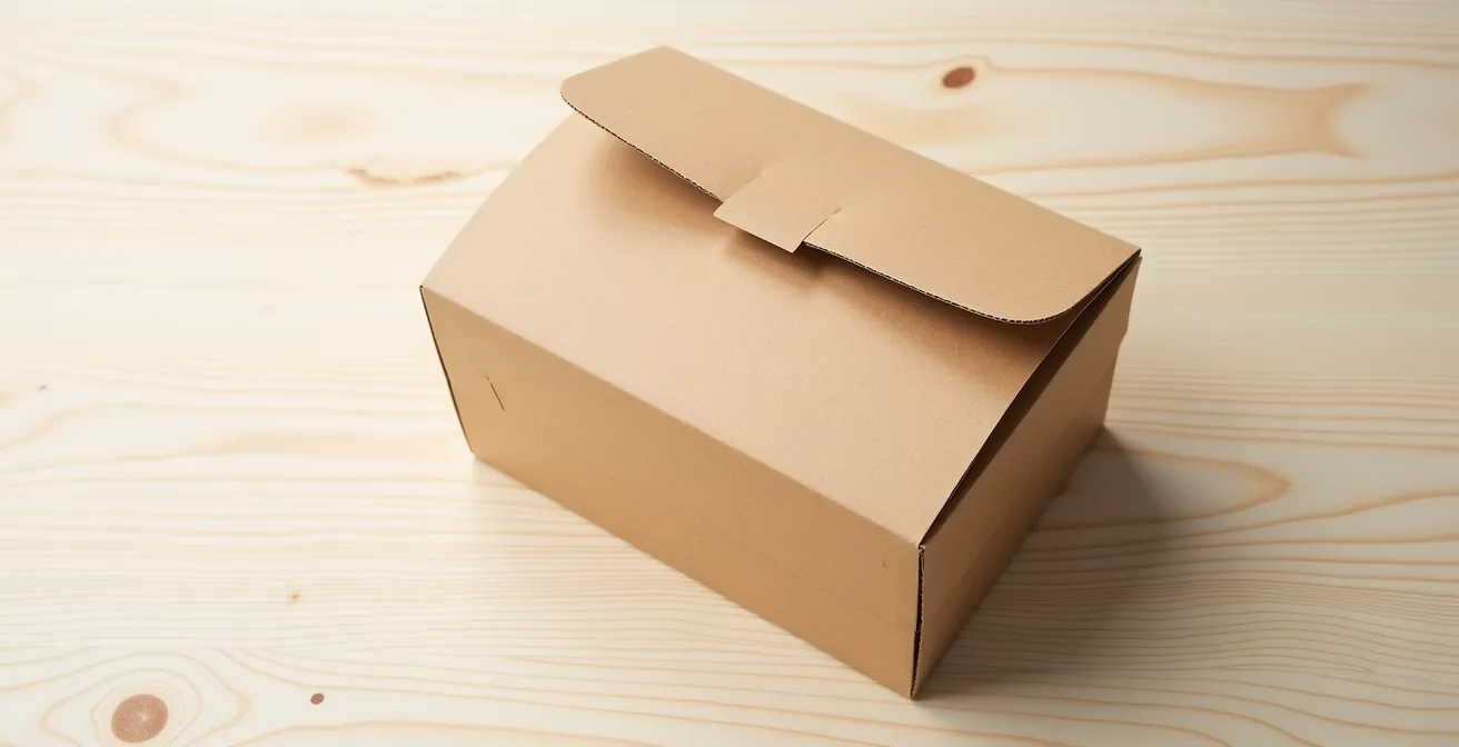 Vue aérienne d'un colis en carton kraft avec bande d'arrachage intégrée sur surface bois clair