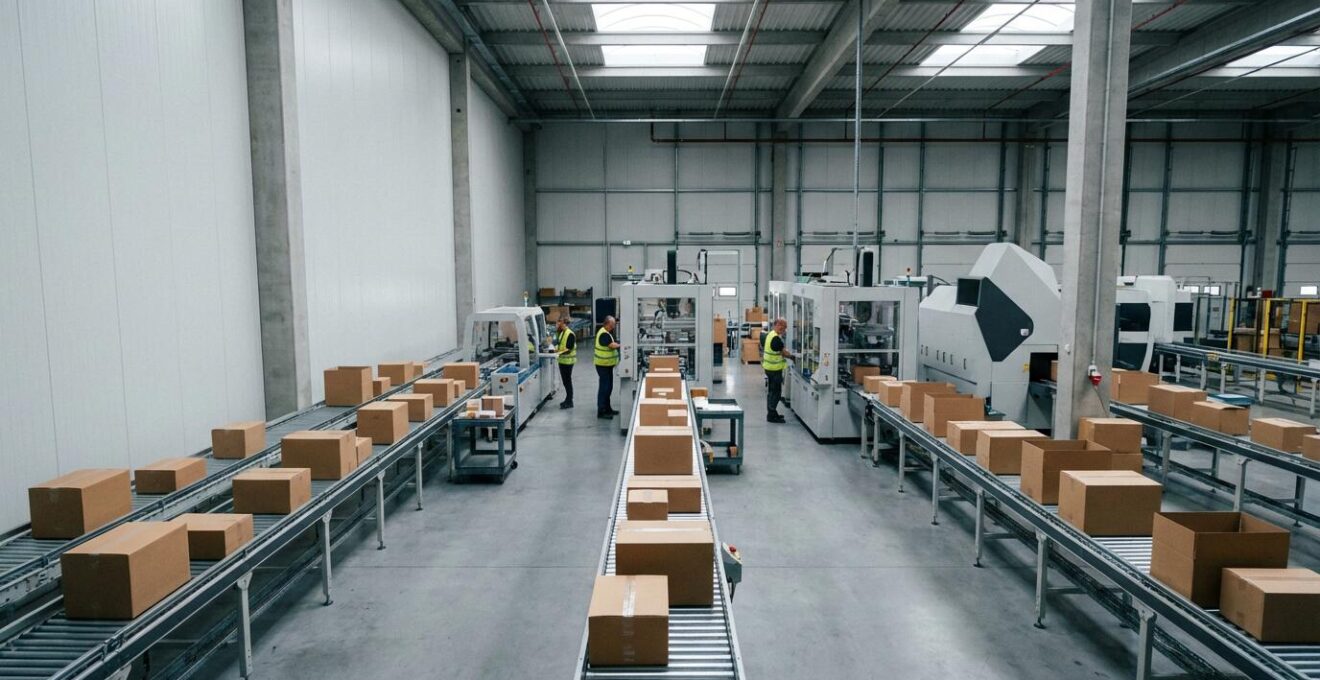 Vue aérienne d'un entrepôt de distribution avec lignes automatisées et cartons dimensionnés parfaitement pour leurs produits respectifs