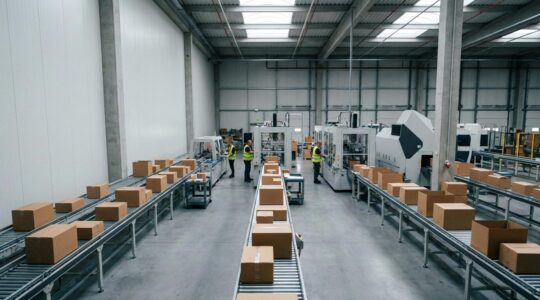 Vue aérienne d'un entrepôt de distribution avec lignes automatisées et cartons dimensionnés parfaitement pour leurs produits respectifs