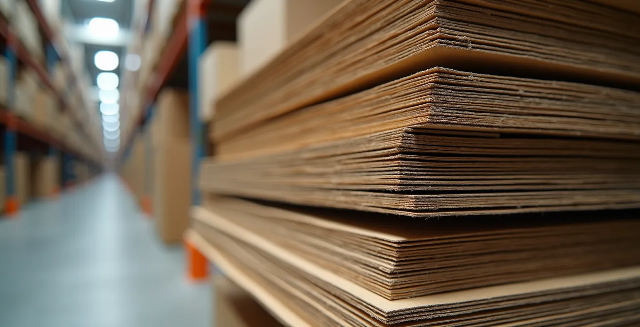 Zone de stockage industrielle avec piles de découpes carton organisées et système de contrôle hygrométrique