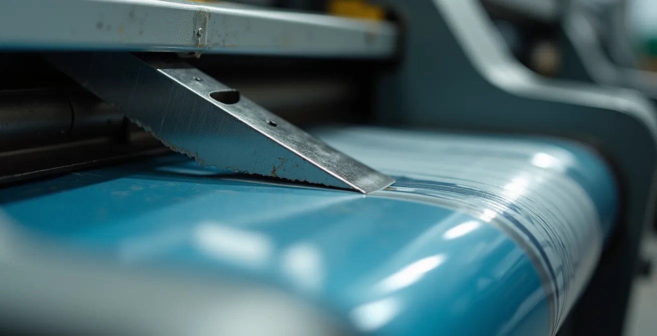 Vue macro détaillée du système de coupe d'un film étirable sur une banderoleuse orbitale