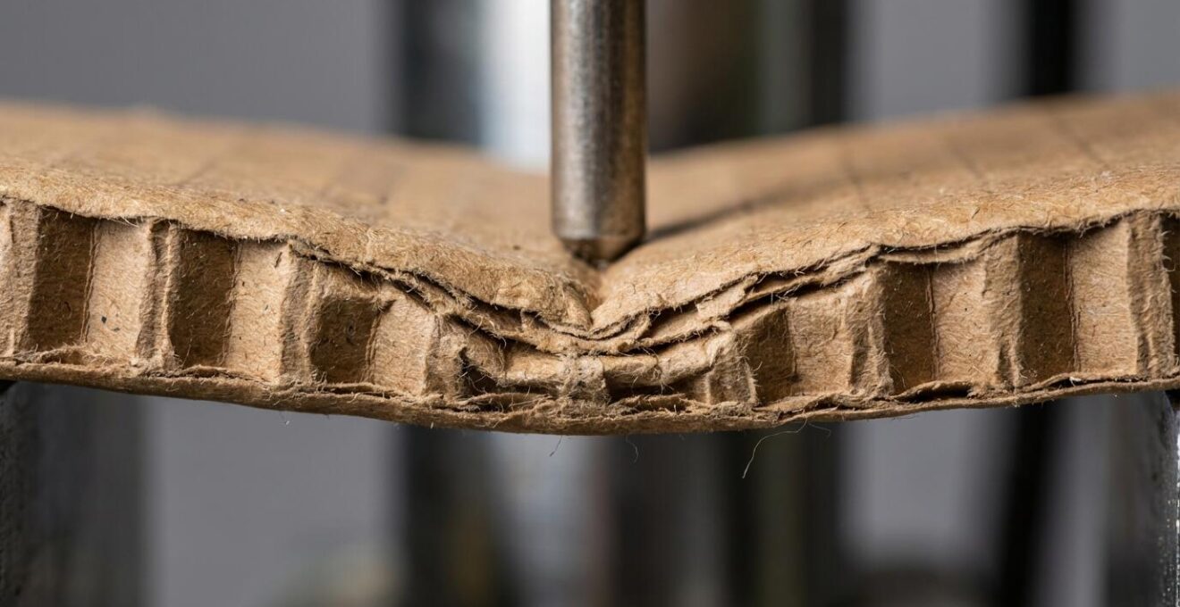 Vue macro détaillée de carton ondulé montrant la déformation contrôlée lors d'un test d'impact