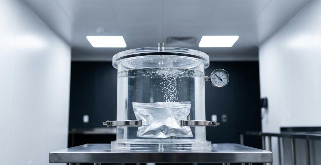 Dispositif de test d'étanchéité par immersion sous vide montrant des bulles d'air s'échappant d'un sachet MBB défaillant