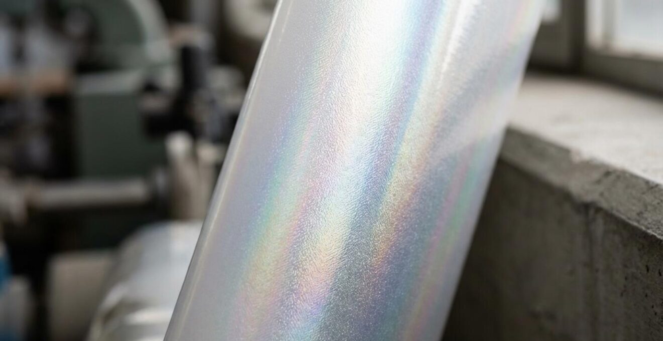Vue macro d'un film plastique monomatériau transparent avec reflets iridescents montrant sa structure uniforme