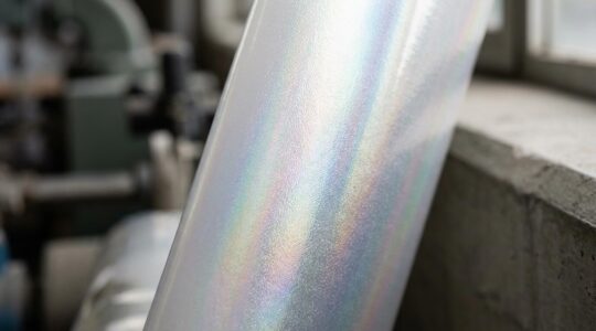 Vue macro d'un film plastique monomatériau transparent avec reflets iridescents montrant sa structure uniforme