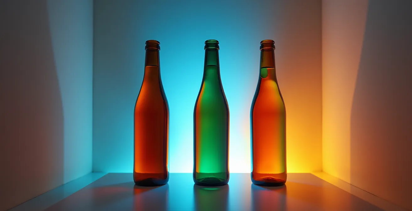 Cabine de lumière professionnelle montrant des flacons sous différents illuminants, révélant les variations de teinte