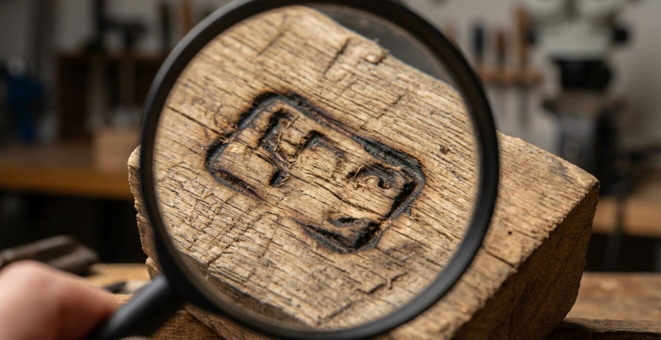 Inspection détaillée d'un marquage NIMP 15 sur bois avec une loupe professionnelle
