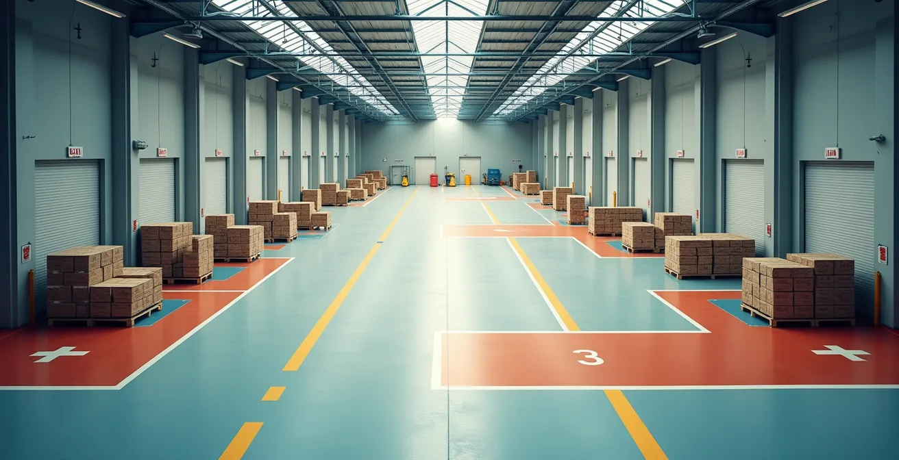 Vue aérienne d'un entrepôt montrant les zones de lecture RFID délimitées