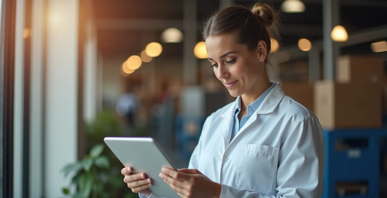 Personne vérifiant des documents de conformité sur une tablette dans un environnement industriel