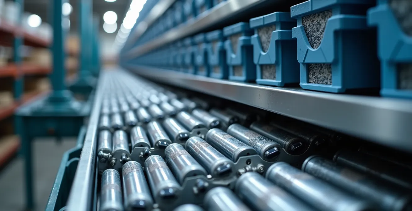 Poste de travail industriel avec rayonnages dynamiques inclinés et système de kitting optimisé