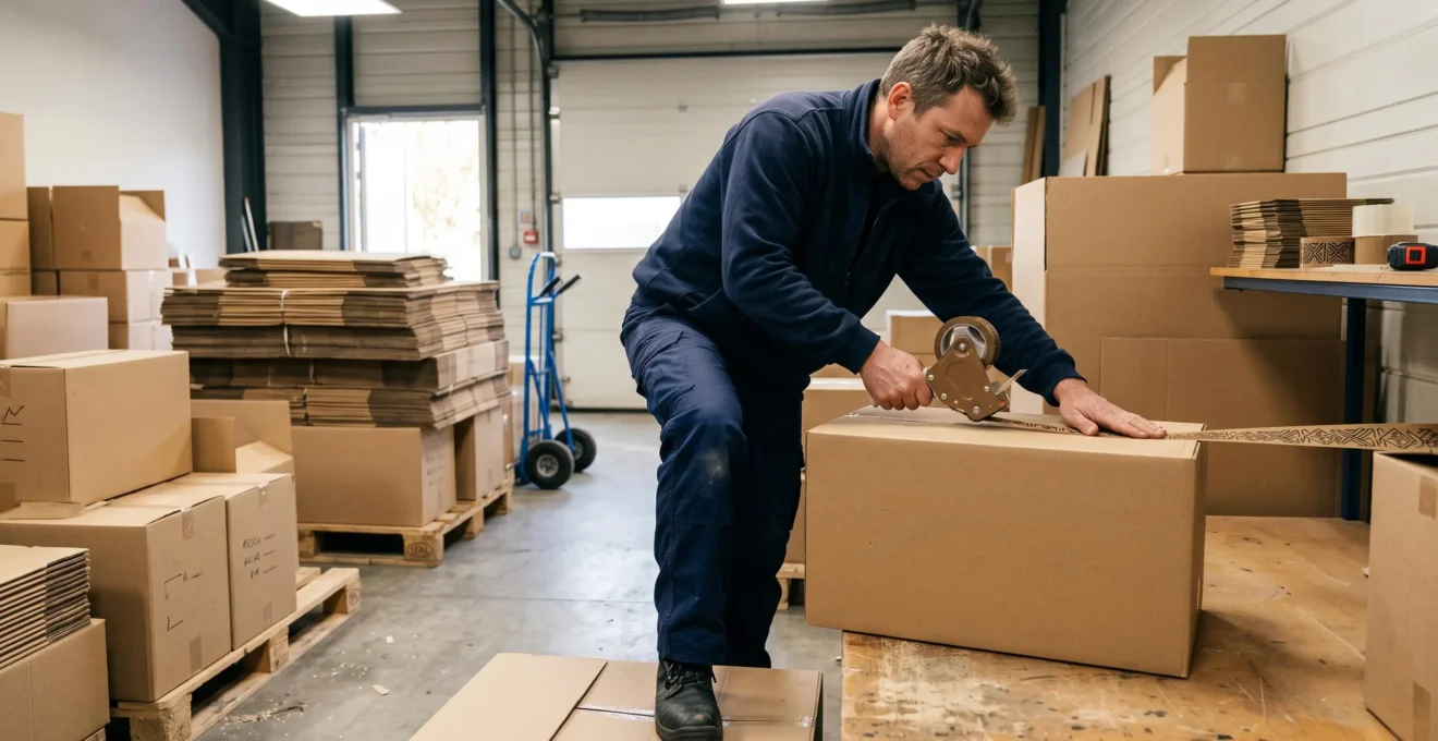 Un logisticien ferme un carton d'expédition avec du ruban adhésif d'emballage personnalisé dans un entrepôt.