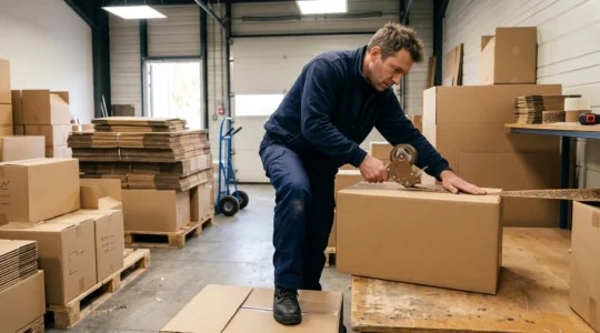 Un logisticien ferme un carton d'expédition avec du ruban adhésif d'emballage personnalisé dans un entrepôt.